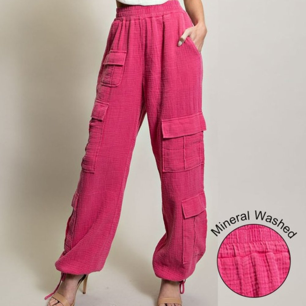 Hot Pink Mineral Washed Cotton Elastic Waist Cargo Pants - Picture 2 of 6